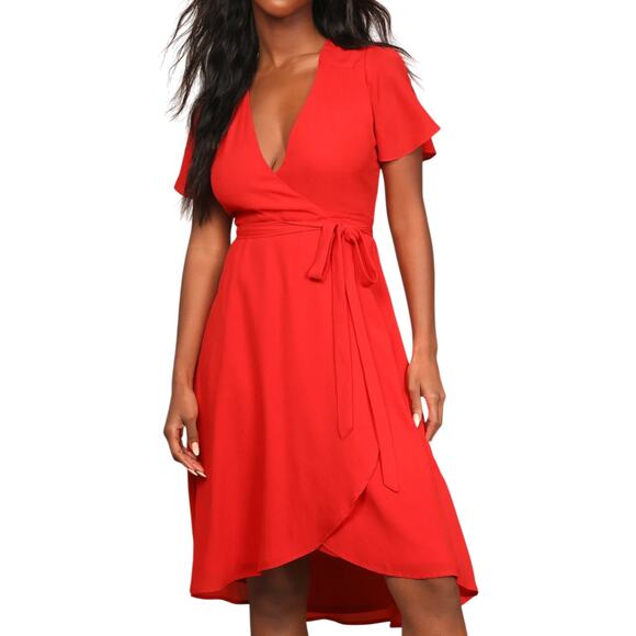Lulu's Dresses & Skirts - Lulus Red Midi Wrap Dress Women's Large Summer Wedding Guest Romantic Bright